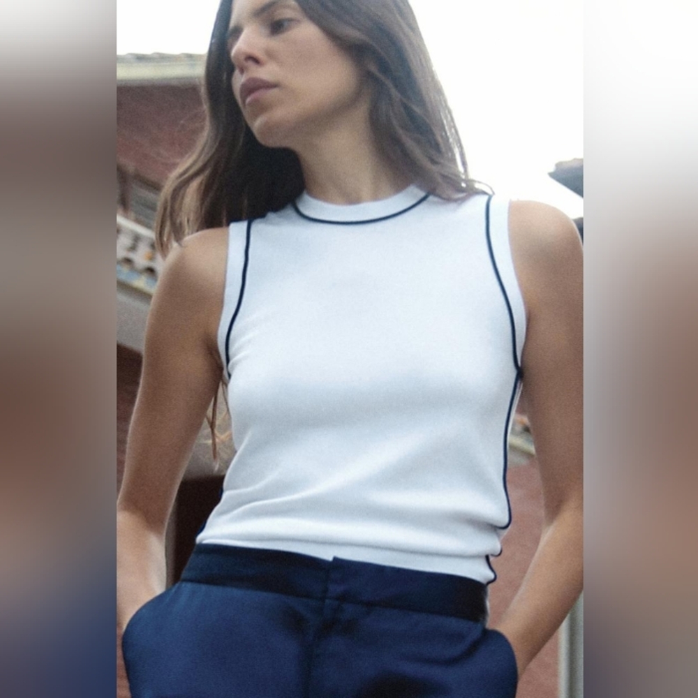 Zara White Sleeveless Knit with contrasting blue details size Small - Picture 3 of 6